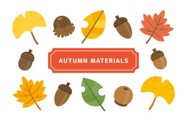 秋の自然のイラストセット。葉っぱやどんぐりのかわいいイラスト素材。