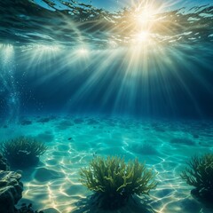 Fototapeta premium Underwater scene with sunlight beams shining through the clear blue-green water, creating a serene and tranquil atmosphere