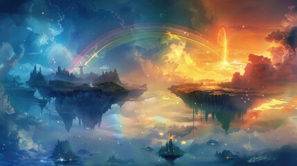 Fototapeta premium Celestial warriors of day and night locked in an eternal battle within a realm of floating islands and ethereal clouds under a celestial rainbow.