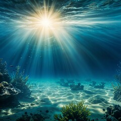 Underwater scene with sunlight beams shining through the clear blue-green water, creating a serene and tranquil atmosphere