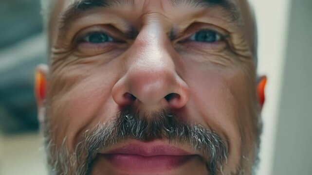 The camera zooms in on a furrowed brow and wrinkled nose as the subject wrinkles in disgust at the stench of garbage and decay in the air.
