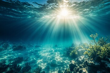 Fototapeta premium Underwater scene with sunlight beams shining through the clear blue-green water, creating a serene and tranquil atmosphere