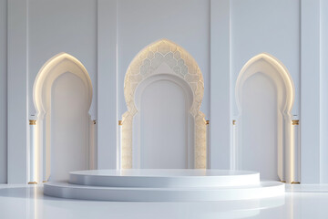 minimalist empty podium, clean ramadan ornament background, perfect, very realistic 