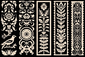 Block Print Woodblock pattern, design, seamless, vintage, illustration, art, decoration, texture, wallpaper, frame, black, set, silhouette, animal, border, ornament, woodcut 