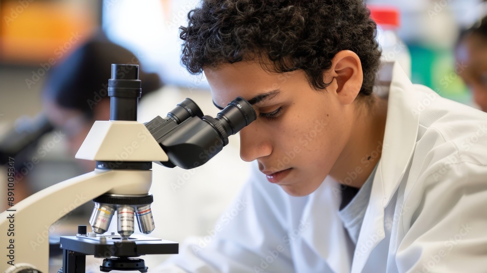 Wall mural student using a microscope in a biology lab class