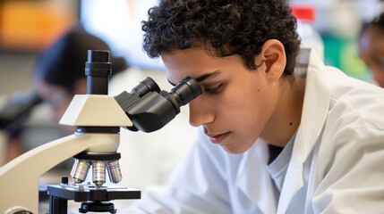 Student using a microscope in a biology lab class