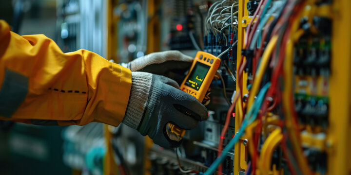 Technician in gloves using a digital multimeter to test electrical components in a busy industrial setting, ensuring system functionality.