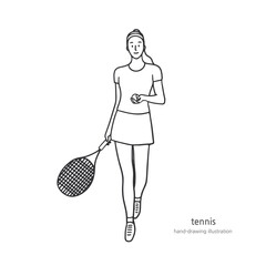 An illustration of a female tennis player holding a racket in her right hand and holding the ball in her left hand