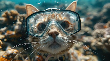 A diving cat, wearing diving goggles, exploring the underwater 