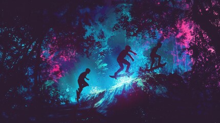 Silhouettes of people jumping in a surreal forest illuminated with vibrant neon lights, creating a mystical night scene.