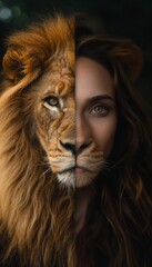 Fototapeta premium A portrait of a human face that gradually morphs into a lion's face