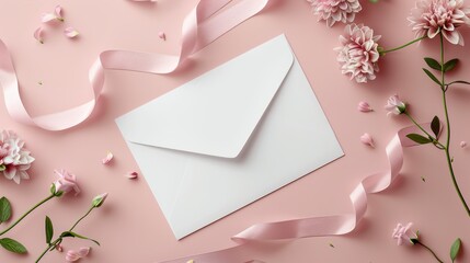 Obraz premium An envelope, ribbon, and flowers are attached to a pastel pink background on a blank paper card