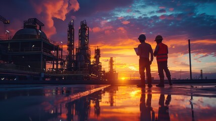 Fototapeta premium Construction site with architect, civil engineer, and worker evaluating project plans. Silhouetted figures against the sunset sky