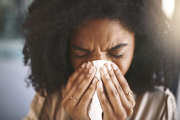 Sick woman, allergies and blowing nose with tissue for sinus, hayfever or illness at office....