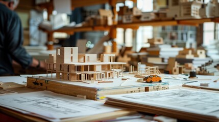 Obraz premium Drawing sketches, plans, and blueprints for architectural construction models in an architect's studio