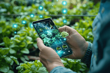 Eco-friendly smart farm using IoT for plant growth monitoring and optimized water paths with high-resolution data icons on smartphone screen in high key lighting