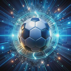 Naklejka premium A futuristic soccer ball with speeding light trails and glitch effects, surrounded by fragments of digital code and circuit boards, symbolizing technology and speed.