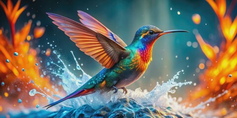 Fototapeta premium Vibrant bird of paradise hummingbird splashes amidst fiery orange and icy blue hues, its iridescent feathers shimmering with radiant colors against a backdrop of flames and frost.
