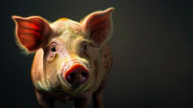 A pig is standing in front of a dark background.