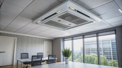 Modern white ceiling mounted cassette type air conditioner unit installed in a sleek office room with white ceiling and gray walls.