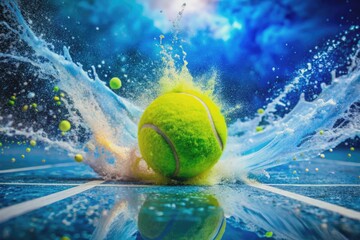 Vibrant yellow tennis ball rests on pristine white tennis court surface, surrounded by abstract splashes of blue and green, evoking dynamic energy and motion.