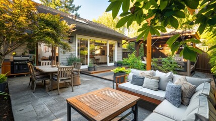 Fototapeta premium Stylish bungalow with a patio set in a serene neighborhood