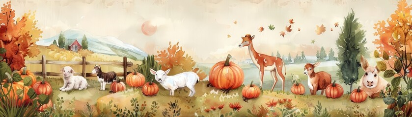 Pumpkin patch, pumpkins and farm animals, pastoral scene, watercolor style
