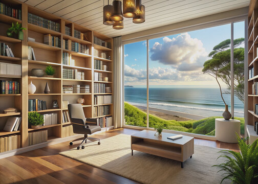Inviting scenic home office library with expansive views of nature in soft sunlight with ocean beach scenery. Bookshelf in contemporary decorated room. Online zoom presentation meeting room background