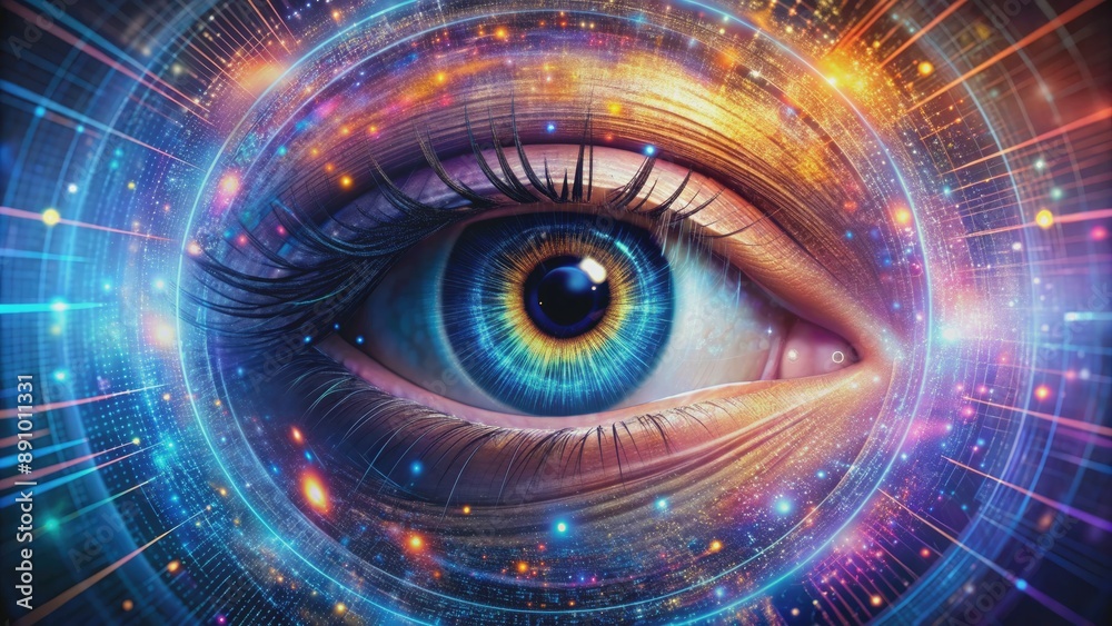 Fototapete Vibrant futuristic abstract representation of human eye's primo piano with swirling celestial patterns and digital data streams blending seamlessly in a mesmerizing visual matrix.