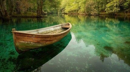 Obraz premium A small white boat is floating in a lake. The water is calm and the sun is shining on the surface. The scene is peaceful and serene