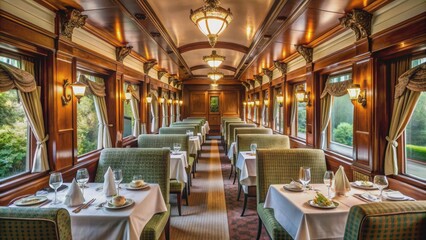 Elegant vintage train car features ornate wood paneling, crisp white linens, fine china, and plush velvet seats in an intimate, nostalgic dining atmosphere.