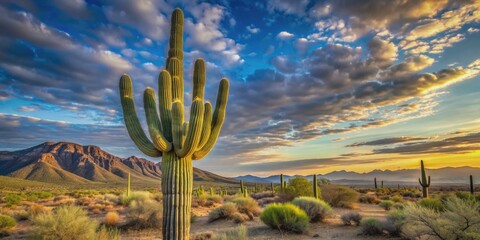 Stunning iconic saguaro cactus stands alone on a transparent background, showcasing its majestic towering height and distinctive arms stretching towards the sky.