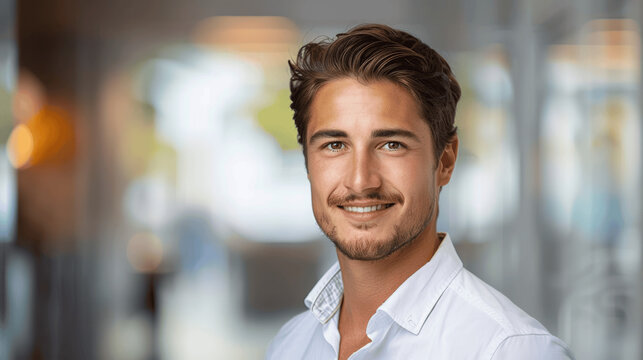 smiling young man in white shirt professional portrait business office background