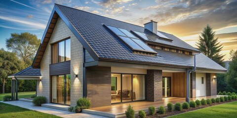 Modern eco-friendly house with sleek solar shingles seamlessly integrated into the roof, generating clean energy while blending seamlessly into the architectural design.