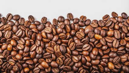 Obraz premium Vibrant panoramic arrangement of freshly roasted coffee beans isolated on a white and transparent background, providing ample copy space for creative designs.