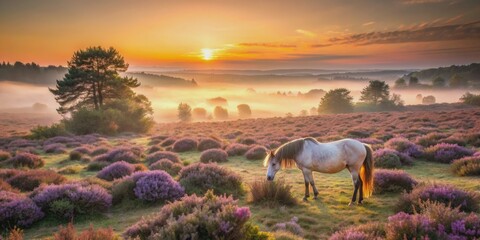 Serene sunrise at Rockford Common, New Forest, UK, featuring a gentle pony grazing amidst vibrant heather, with misty hills and trees in the background.