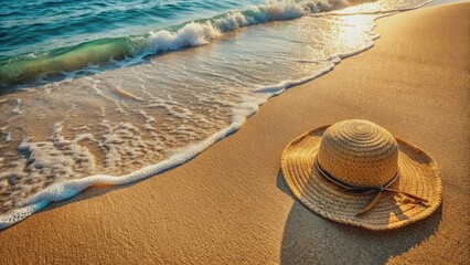 Serenity abounds in this top view of a vast, sandy beach with textured waves and a woven summer hat, basking in warm daylight.