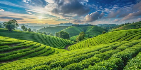Serene and lush green tea plantation stretches as far as the eye can see, with neat rows of tea bushes under a bright blue sky.