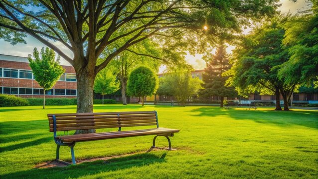 Serene empty schoolyard with a solitary bench, vibrant green grass, and lush trees, perfect for showcasing school grounds landscaping for events and website backgrounds.