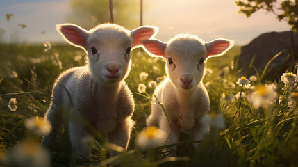 Outdoor Photo of Two Young Lambs Together