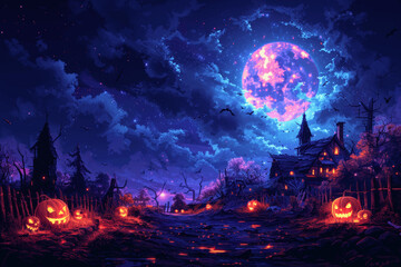Halloween Night Haunted House with Pumpkins and Bats in Anime Style