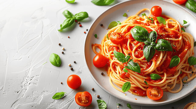 Top view of spaghetti with tomato sauce, basil, isolated on white background, Italian pasta on white plate, text copy space, view from above, flat lay, banner design, food advertisement