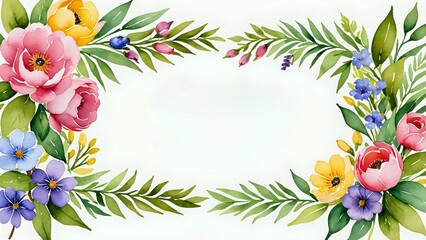Watercolor floral frame with pink, yellow, and purple flowers and green leaves on a white background.