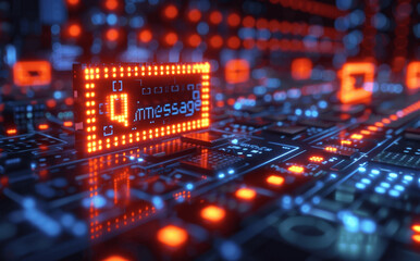 Abstract Background with Orange Binary Code and Pixel Block Letters on Dark Blue Digital Matrix Pattern 80s Retro Futuristic Aesthetic