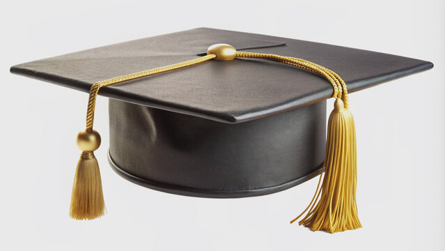 recommend clip art: Isolated black graduation hat clipart with a dangling black tassel featuring golden 2024 letters, set against a pristine white background, perfect for academic designs.