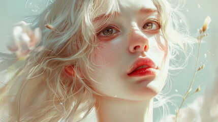 Naklejka premium Ethereal young woman with white hair, dreamy and delicate setting. 