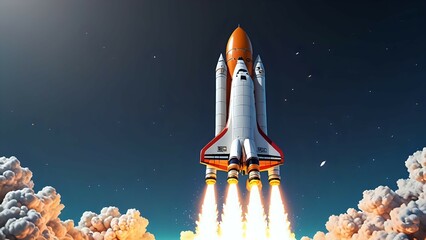 Obraz premium A rocket ship blasts off from Earth, leaving a trail of smoke and fire.