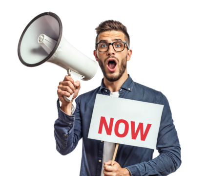 Act Now! Urgent Announcement: A young man with a megaphone and a sign saying "NOW" delivers a powerful message, conveying urgency and importance.