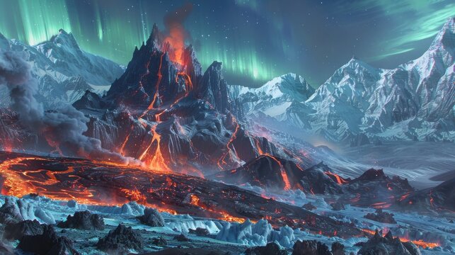 Elemental titans of volcanic fury and glacial wrath clash in a primordial battleground of molten rock and frozen peaks beneath an ever-shifting sky of auroras and volcanic ash.