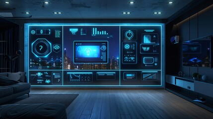 Fototapeta premium Ultra-sharp image of a futuristic smart home interface, holographic controls, minimalist design